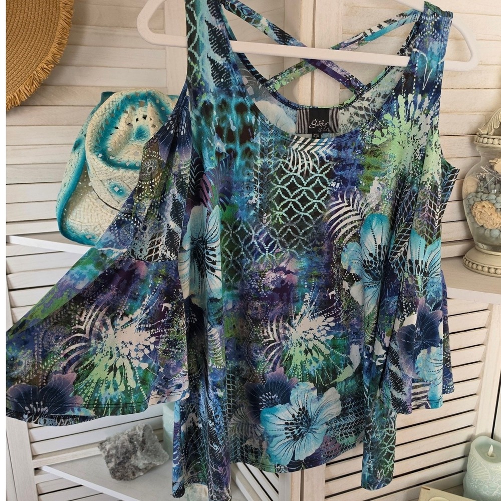 Slinky Brand Floral Cold Shoulder Blouse Small Blue Green Boho Bell Sleeve